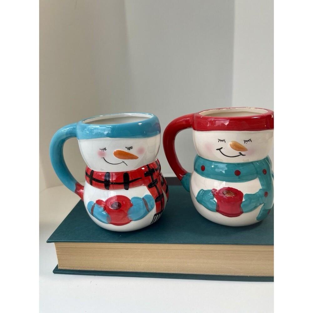 Snowman Christmas Bay Island Blue and Red Snowmen Mugs/Cups Set of 2